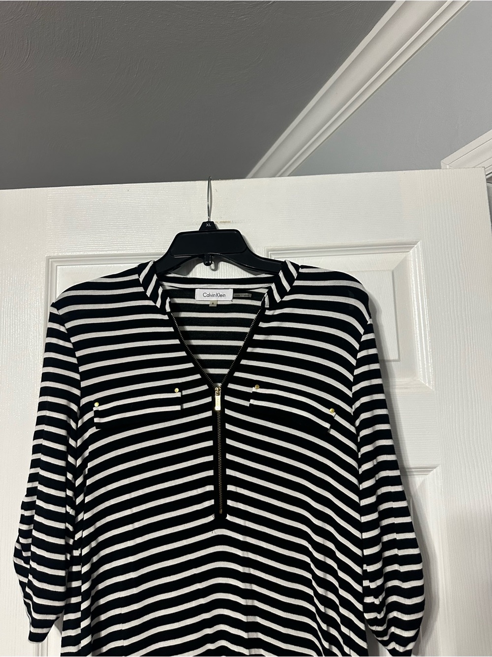 Calvin Klein Striped Half-Zip Roll Tab Sleeve Hi Lo Blouse - Picture 2 of 15
